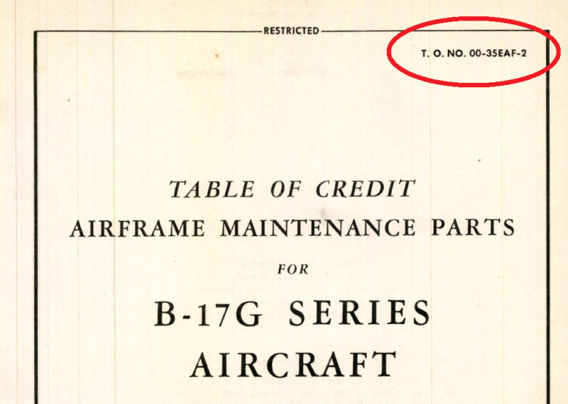 Tech Order, or T.O. Number on B-17 Table of Credit manual